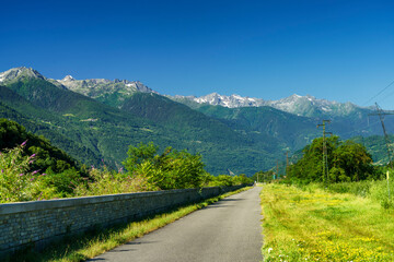 Fototapeta na wymiar Landscape along the Sentiero della Valtellina, Italy, from the cycleway