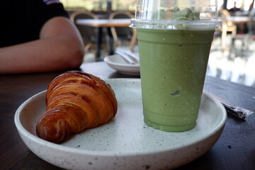 croissant and green tea frappe