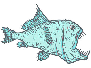 Deep sea predatory fish, scary animal. Sketch scratch board imitation.