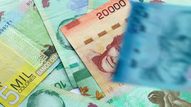Money from Costa Rica all kinds of banknotes falling and rotating slowly on their own axis. Lottery and economy concept 