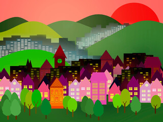 A fabulous painted city with colored houses against the backdrop of mountains and sunset.
