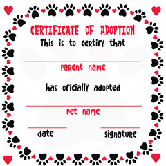 Pet adoption certificate vector template design. Cat or dog paw border frame with hearts. Printable page for pet shelter, pet shops, vets.