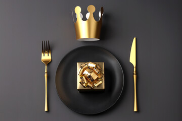 Creative table setting with gift box and gold color crown on black with gold fork and knife on dark background. Valentine's Day, Wedding Day, Birthday, Women's Day and Mother's Day. Flat lay.