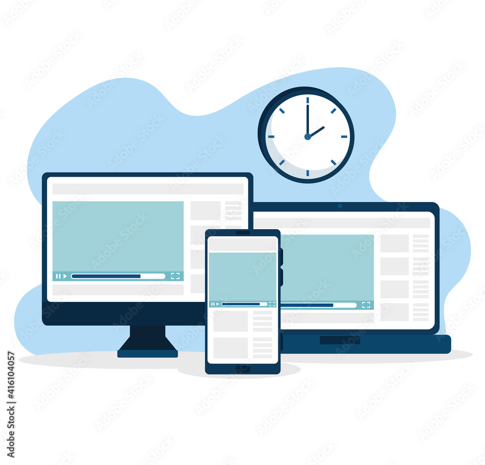 Poster group of devices electronics and clock watch vector illustration design