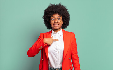  looking happy, proud and surprised, cheerfully pointing to self, feeling confident and lofty