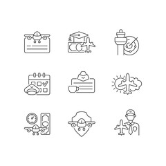 Aviation linear icons set. Air traffic control. Getting pilot license. Aviation safety. Aircraft rental. Customizable thin line contour symbols. Isolated vector outline illustrations. Editable strokes