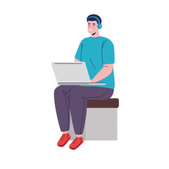 young man using laptop seated vector illustration design