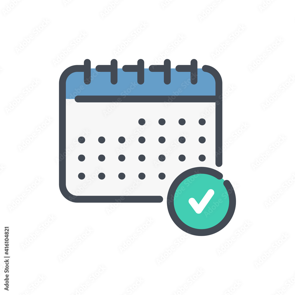 Poster calendar checked color line icon. timetable with check mark vector outline colorful sign.