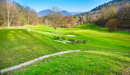 Fototapeta na wymiar View of the golf course in Baden Baden, in the background the Merkur mountain. Baden Wuerttemberg, Germany, Europe