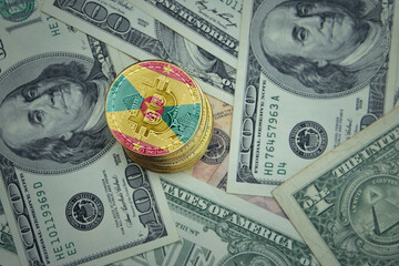 golden shining bitcoins with flag of grenada on a dollar money background.