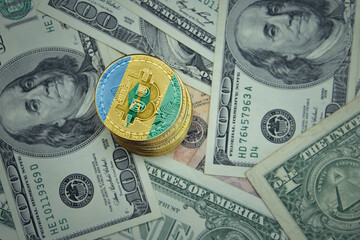golden shining bitcoins with flag of saint vincent and the grenadines on a dollar money background.