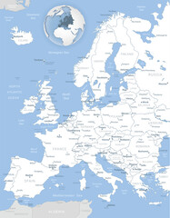 Blue-gray detailed map of Europe and European Union administrative divisions and location on the globe.