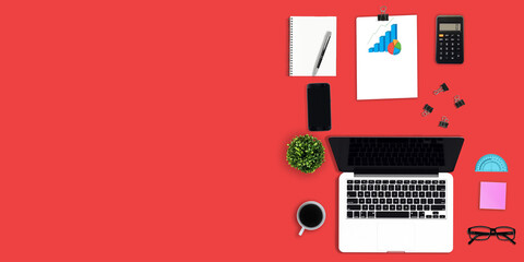 Top view office desk and supplies, with copy space. 