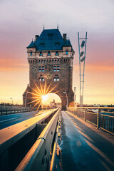 Worms in Germany. The famous Nibelungen Bridge in the sunset. Motorway that goes through a historic...