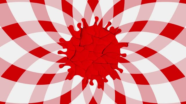 Representation of a SARS-COV-2 cell spinning in a red and white butterfly spiral background, covid-19 particle 2D animation 4K 60 ffs.