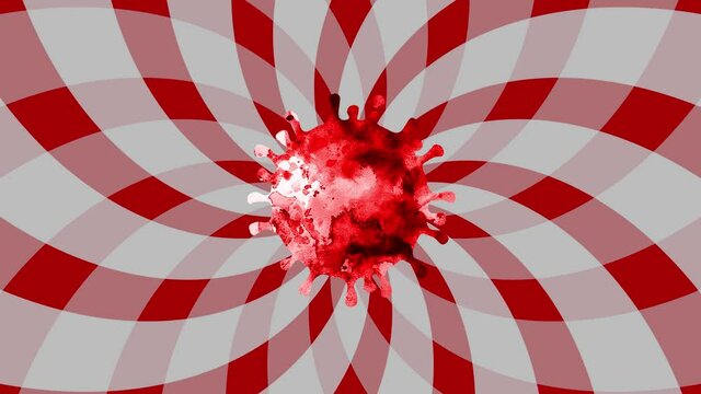Representation of a SARS-COV-2 cell spinning in a red and white butterfly vortices background, covid-19 particle 2D animation 4K 60 ffs.