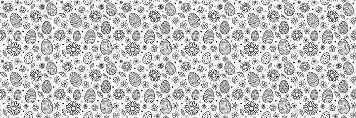 Hand drawn Easter eggs and flowers. Concept of a background. Vector