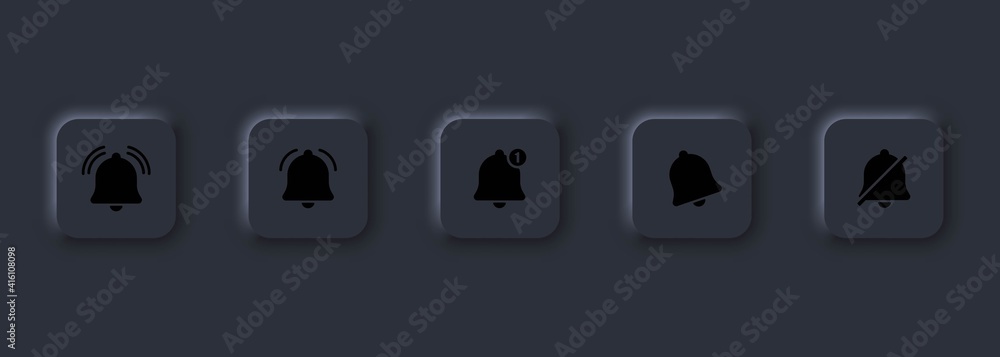 Poster set of bell notiffication icons. message bell icon. neumorphic ui ux dark user interface. neumorphis