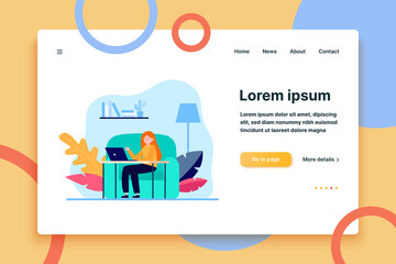 Young woman sitting at sofa and working via laptop. Home, chat, girl flat vector illustration. Freelance and digital technology concept for banner, website design or landing web page