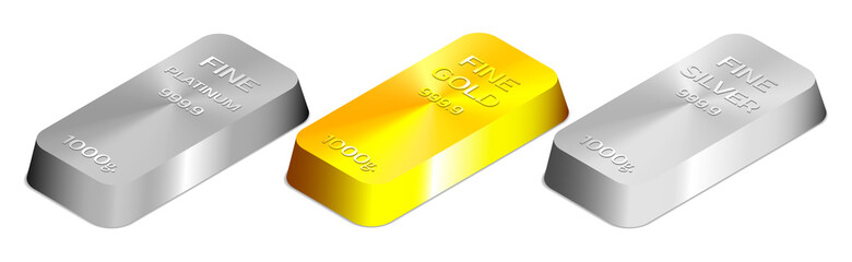 3d set of precious bars made of fine gold, platinum and silver 999.9 standard, weighing 1000 grams on a white background