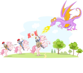 Obraz na płótnie Canvas illustration of a knight fighting a dragon to save a princess