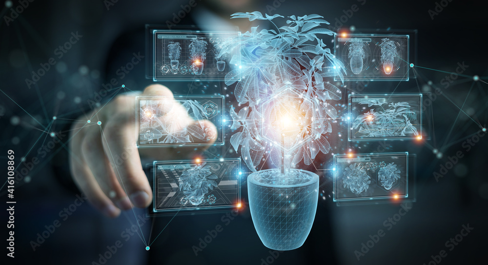 Fototapete Man holding and touching holographic projection of a plant with digital analysis 3D rendering
