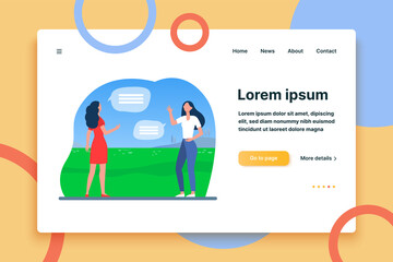 Women keeping social distance. Female friends meeting and talking outdoors flat vector illustration. Communication, pandemic, epidemic concept for banner, website design or landing web page