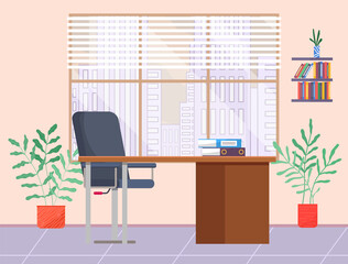 Modern workplace flat design. Office chair and office desk with stack of books in cozy room interior. Furniture and equipment for workplace of employee or office worker, vector interior workspace