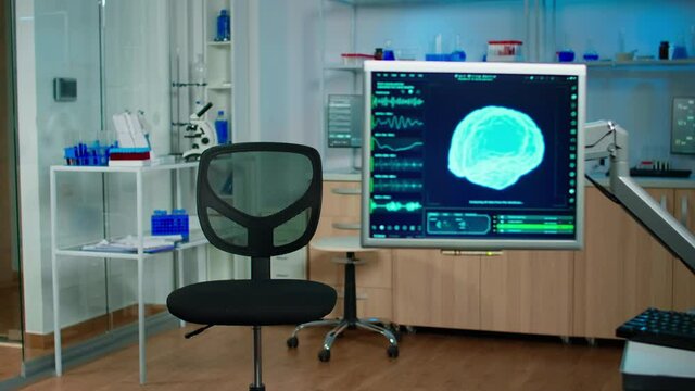 Medical laboratory with nobody in it modernly equipped prepared to investigating brain functions using high tech and neurology tools for scientific research, technologically advanced office