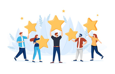 People are holding stars, giving five star Feedback. Clients choosing satisfaction rating and leaving positive review.