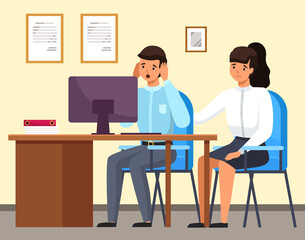 Man and woman sitting at a table with computer upset business people in sad feeling and emotional concept. A colleague consoles a frustrated employee. Problems at work and in career, staff reduction