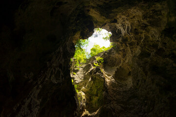 The light shining through trees from top to bottom inside the cave of Phraya Nakhon Cave at Prachuap Khiri Khan, Thailand.