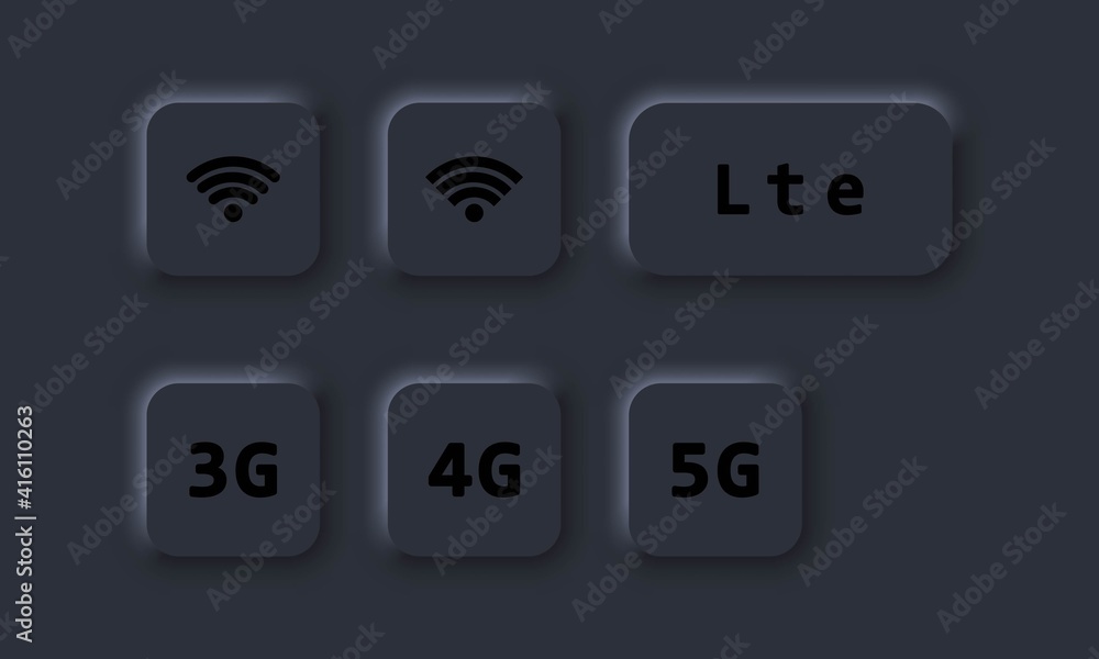 Poster 3g, 4g, 5g, lte and wifi sign. wireless connection button. vector. neumorphic ui ux dark user interf
