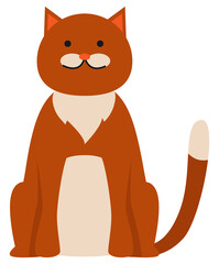 Cute cartoon kitty with ginger colored fur, sitting with a contented face, nice pet vector illustration on white background. Pet cat shorthair home kitten, domestic animal with mustache and tail