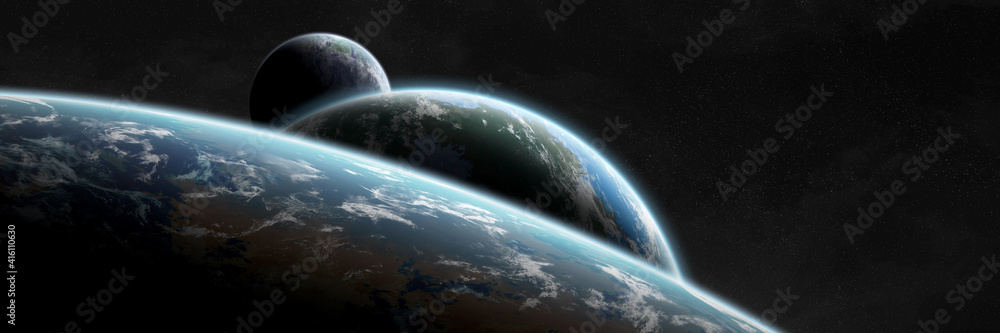 Poster Panoramic space planets background. Panorama of distant solar system with exoplanets 3D rendering elements of this image furnished by NASA