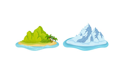 Islands with Green Hill and Iceberg Surrounded by Water Vector Set