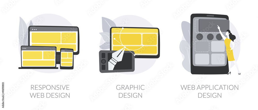 Poster graphic designer service abstract concept vector illustration set. responsive web design, graphic an