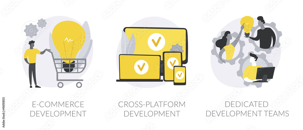 Poster remote developers team abstract concept vector illustration set. e-commerce development, cross-platf