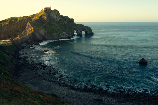 Panoramic landscape in san juan de gaztelugatxe. Landscape in Basque country at sunset.