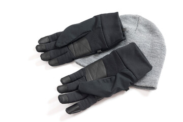 Grey knitted mens hat and gloves isolated on a white background. 