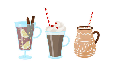Winter Hot Drinks with Mulled Wine in Glass and Hot Chocolate in Mug Vector Set