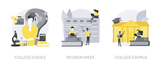 Career choice abstract concept vector illustration set. College choice, revision week, campus tour, career assessment test, timetables and planning, higher degree education abstract metaphor.