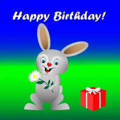 A smiling funny hare with a flower in its paws wishes a happy birthday. Next to the hare is a red gift box tied with a white ribbon with a bow.