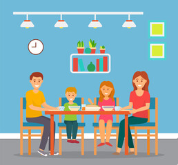 Family of four sits in dining room or in kitchen and has lunch or breakfast. Plates with food on the table, ceiling light, paintings on the wall. Mom, Dad and two heterosexual children. Family dinner