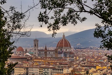 Fototapeta na wymiar Panoramic view of the city of Florence in a frame of vegetation