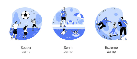 Youth sport program abstract concept vector illustration set. Soccer and swim camp, extreme sports for teens, outdoor class, physical activity, summer vacation, teamwork training abstract metaphor.