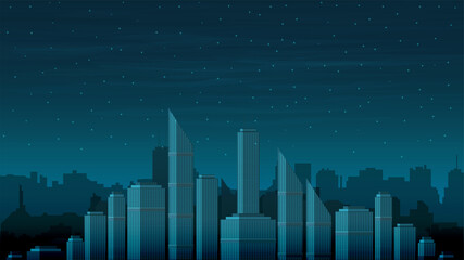 The urban landscape of the future without electricity on a dark night. Starry sky over the city towers