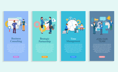 Business consulting, strategic partnership, time management, join our team app slider set. Company profit, development and communication with laptop vector. Webpage or website template flat style