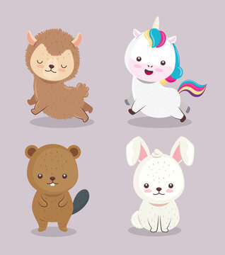 bundle of four cute animals set icons vector illustration design