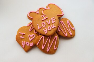 Set of cookies in the form of a heart with inscriptions